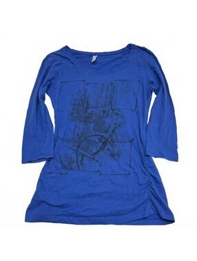 Y2K "Voici" Royal Blue Quarter Sleeve Ruched Top With Scene Of Amsterdam Sz S